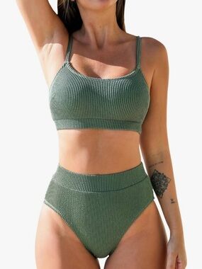 Cupshe Olive Ribbed High-Waist Bikini Set